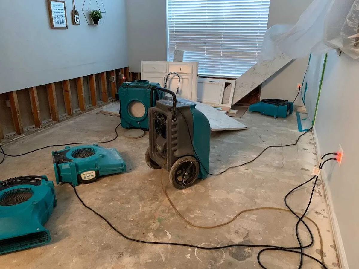Dehumidifier in flood-cut room for Water Damage Restoration in Chino Hills